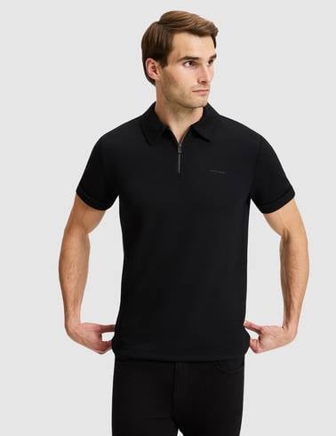 Siyah Regular Fit Fermuarlı Polo Yaka Tişört