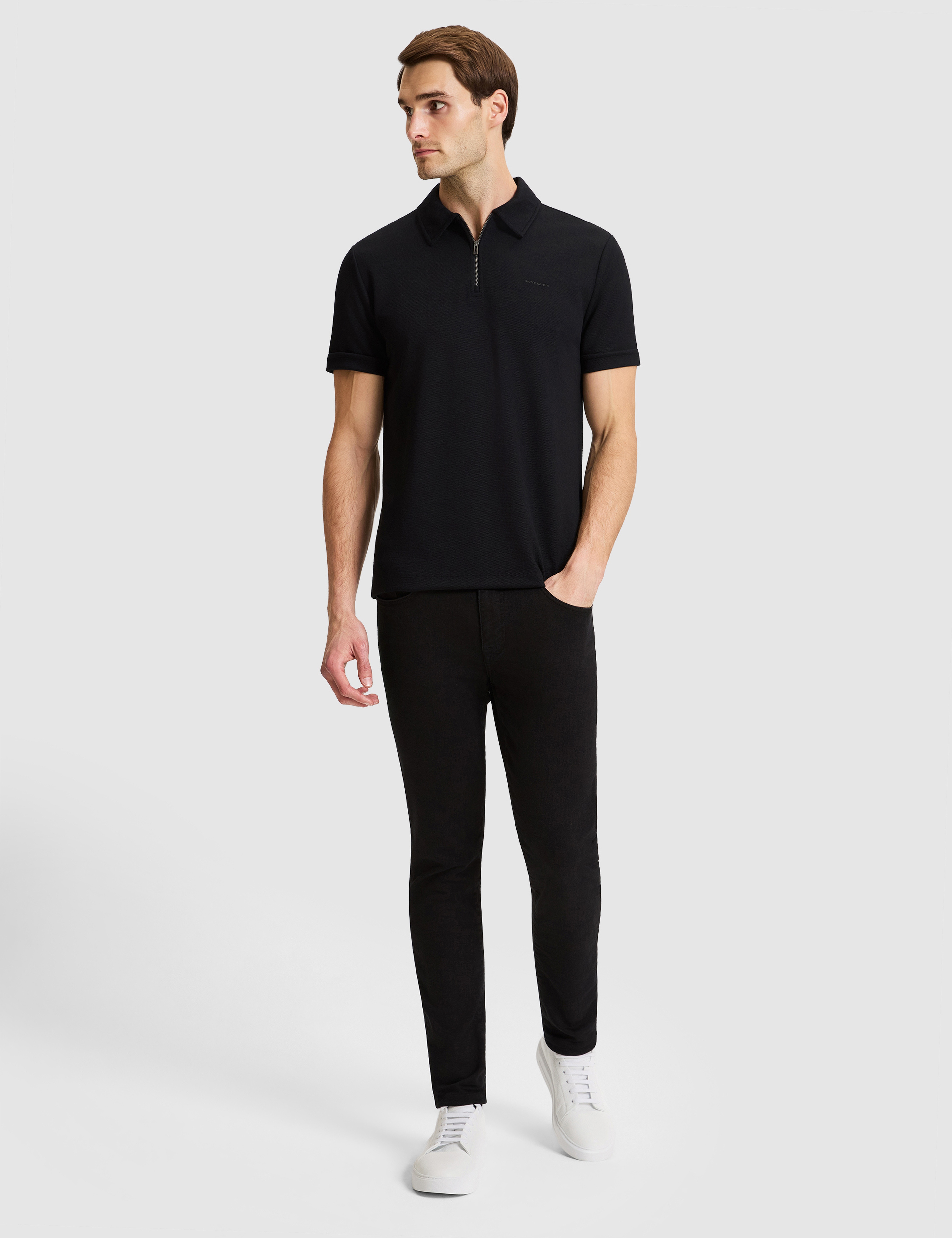 Siyah Regular Fit Fermuarlı Polo Yaka Tişört - Image 4
