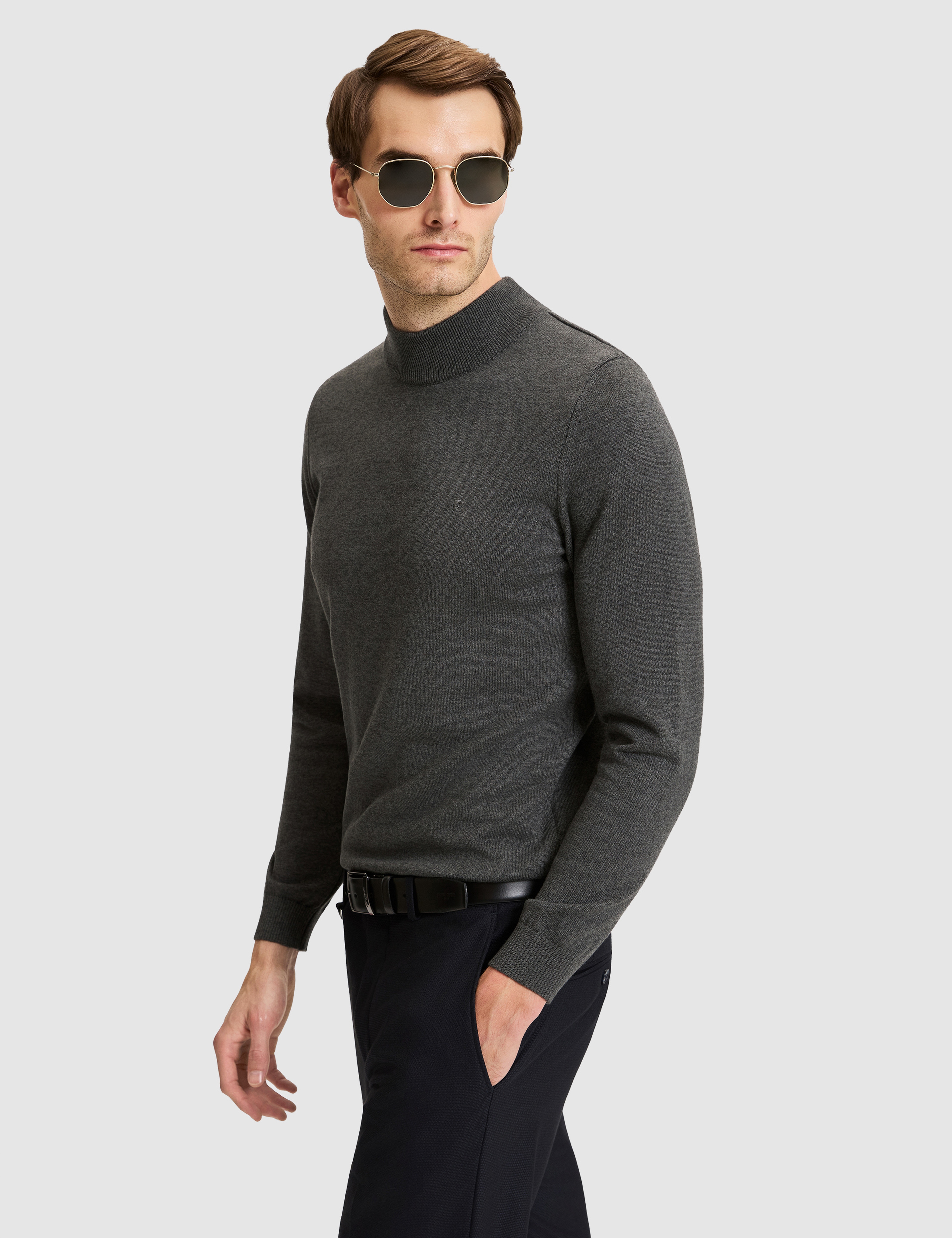Koyu Gri Melanj Slim Fit Basic Kazak - Image 3