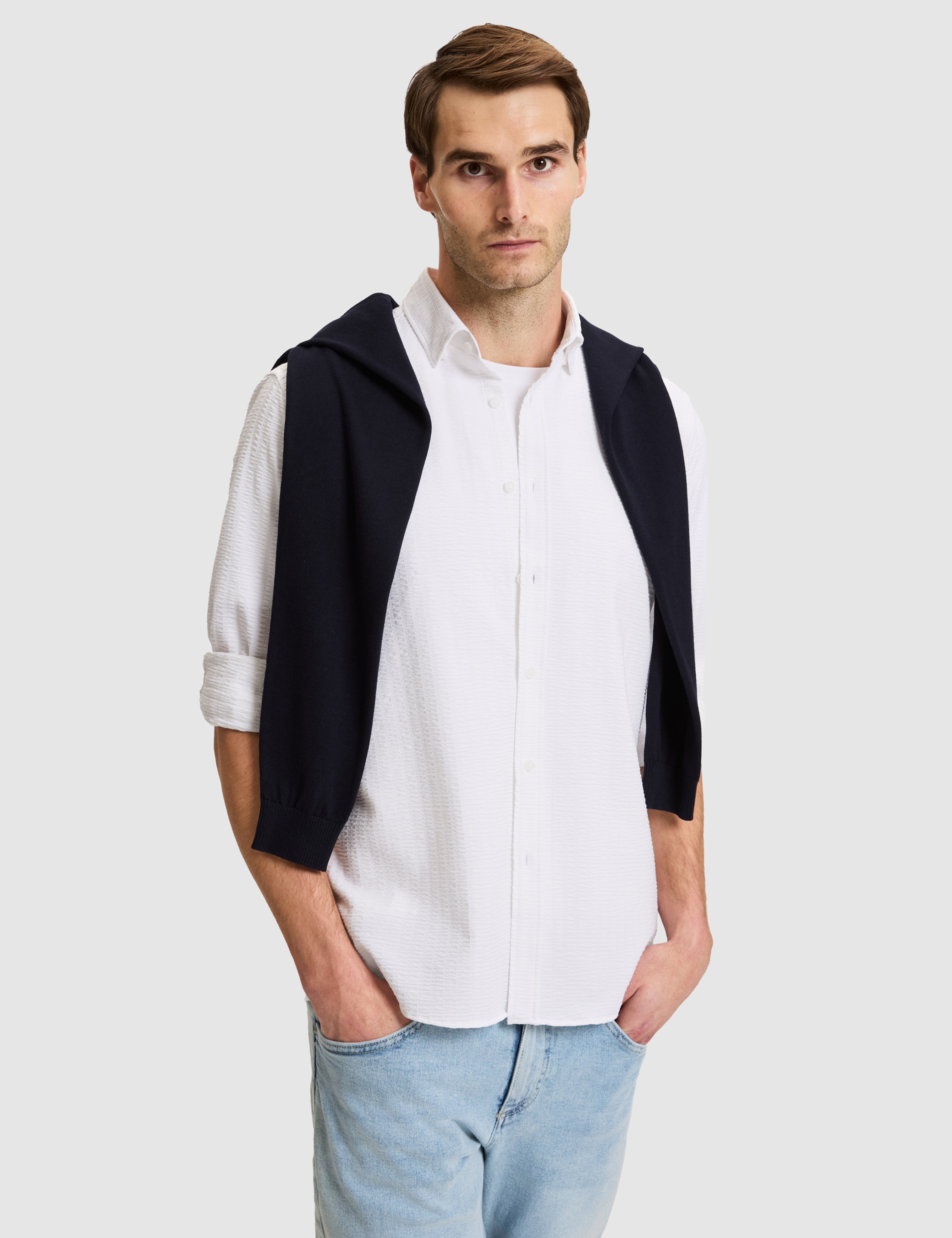 Beyaz Regular Fit Çizgili Uzun Kollu Gömlek