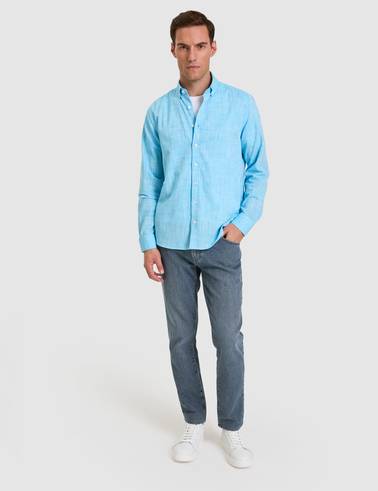 Aqua Keten Görünümlü Slim Fit Uzun Kollu Gömlek