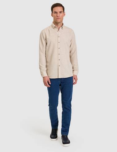 Bej Slim Fit Dokulu Uzun Kollu Gömlek