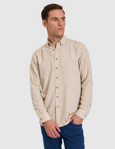 Bej Slim Fit Dokulu Uzun Kollu Gömlek