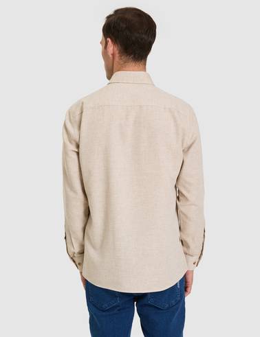 Bej Slim Fit Dokulu Uzun Kollu Gömlek