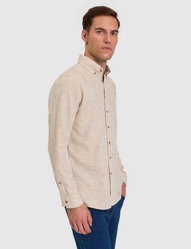 Bej Slim Fit Dokulu Uzun Kollu Gömlek