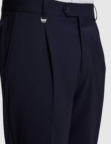 Lacivert Slim Tailored Fit Pile Detaylı %100 Yün Kumaş Pantolon