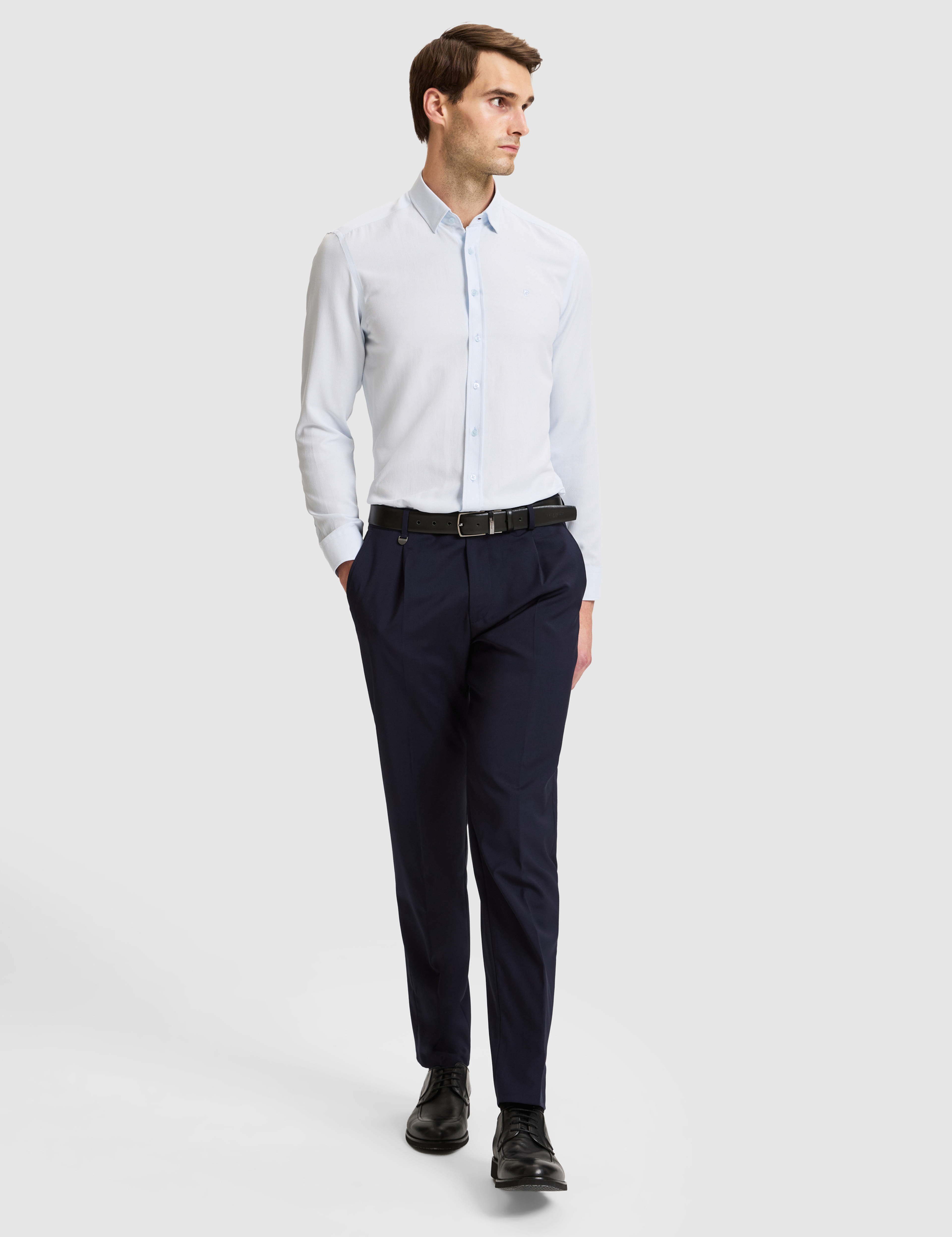 Lacivert Slim Tailored Fit Pile Detaylı %100 Yün Kumaş Pantolon - Image 1