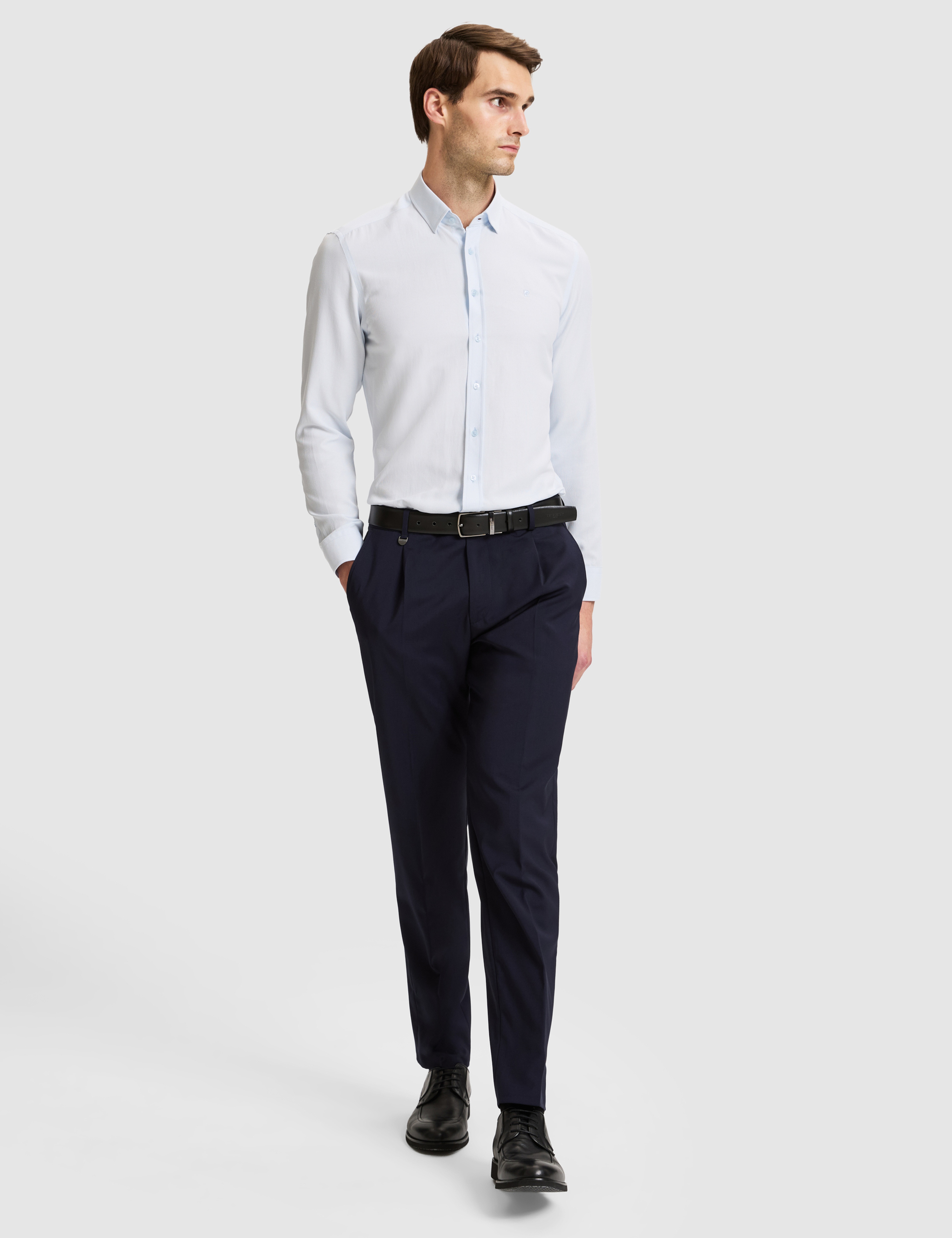 Lacivert Slim Tailored Fit Pile Detaylı %100 Yün Kumaş Pantolon
