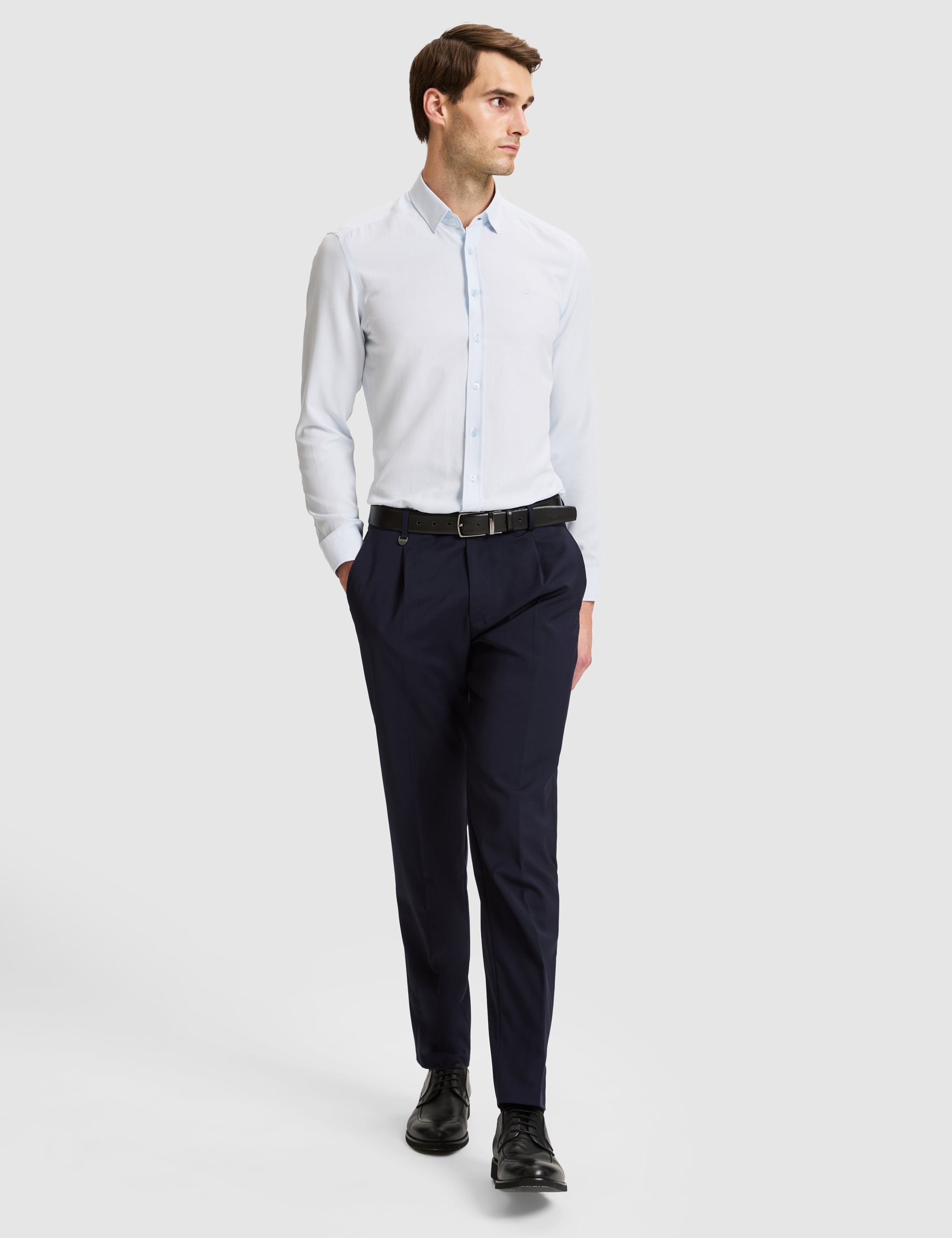 Lacivert Slim Tailored Fit Pile Detaylı %100 Yün Kumaş Pantolon