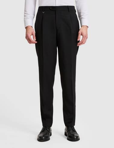 Siyah Slim Tailored Fit Pile Detaylı %100 Yün Kumaş Pantolon