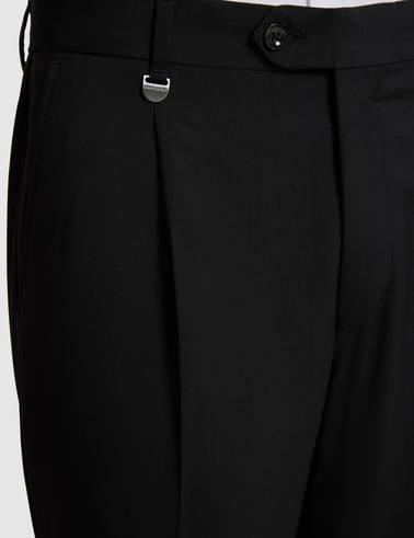 Siyah Slim Tailored Fit Pile Detaylı %100 Yün Kumaş Pantolon