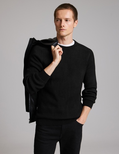 Siyah Slim Fit Bisiklet Yaka Triko Kazak