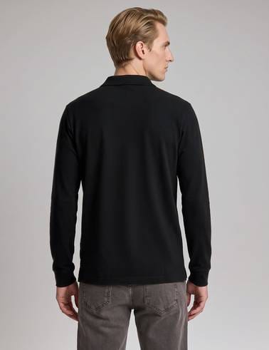 Siyah Regular Fit %100 Pamuk Kıvrılmaz Fermuarlı Polo Yaka Basic Sweatshirt