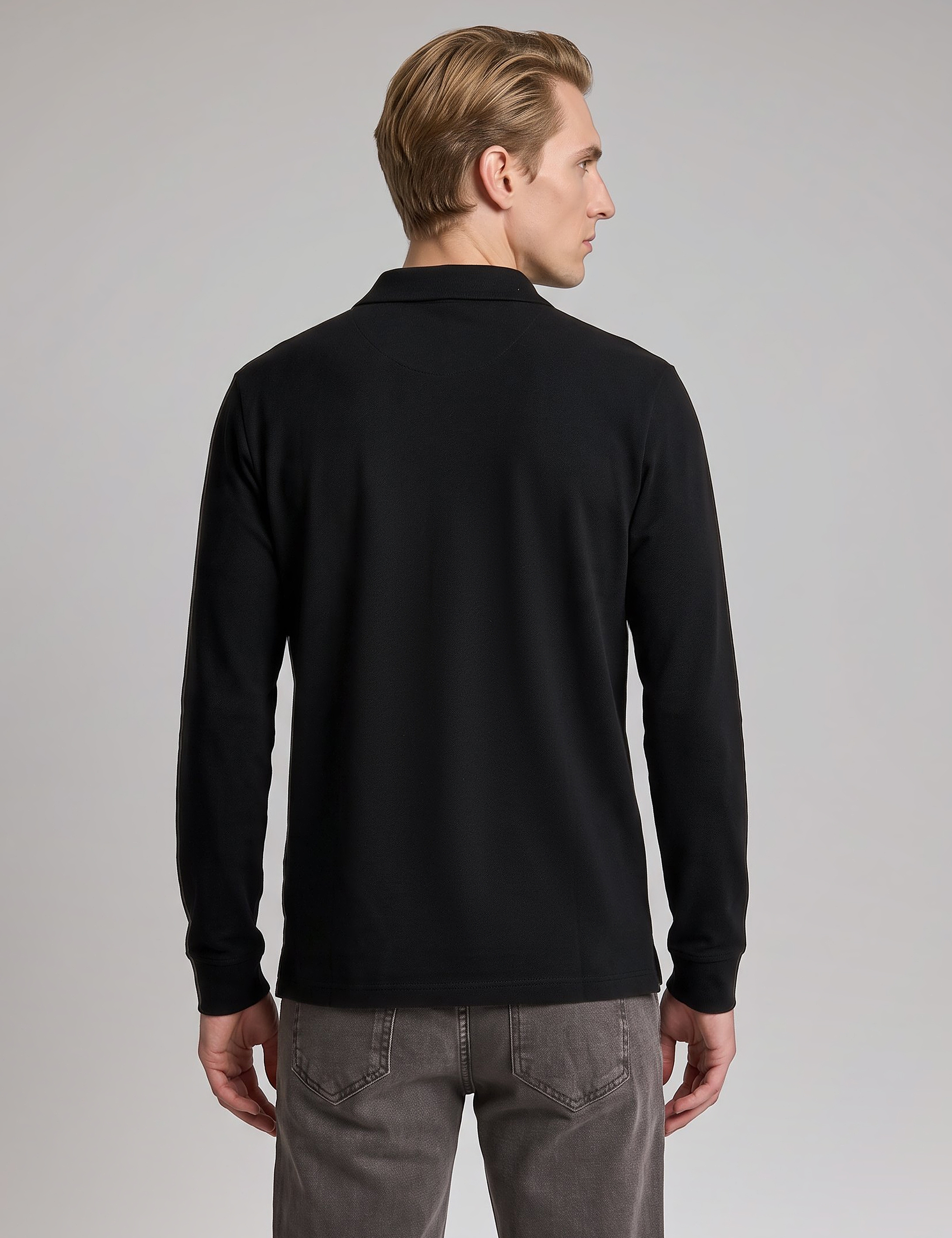 Siyah Regular Fit %100 Pamuk Kıvrılmaz Fermuarlı Polo Yaka Basic Sweatshirt