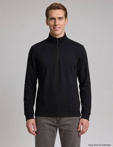 Siyah Regular Fit %100 Pamuk Kıvrılmaz Fermuarlı Polo Yaka Basic Sweatshirt
