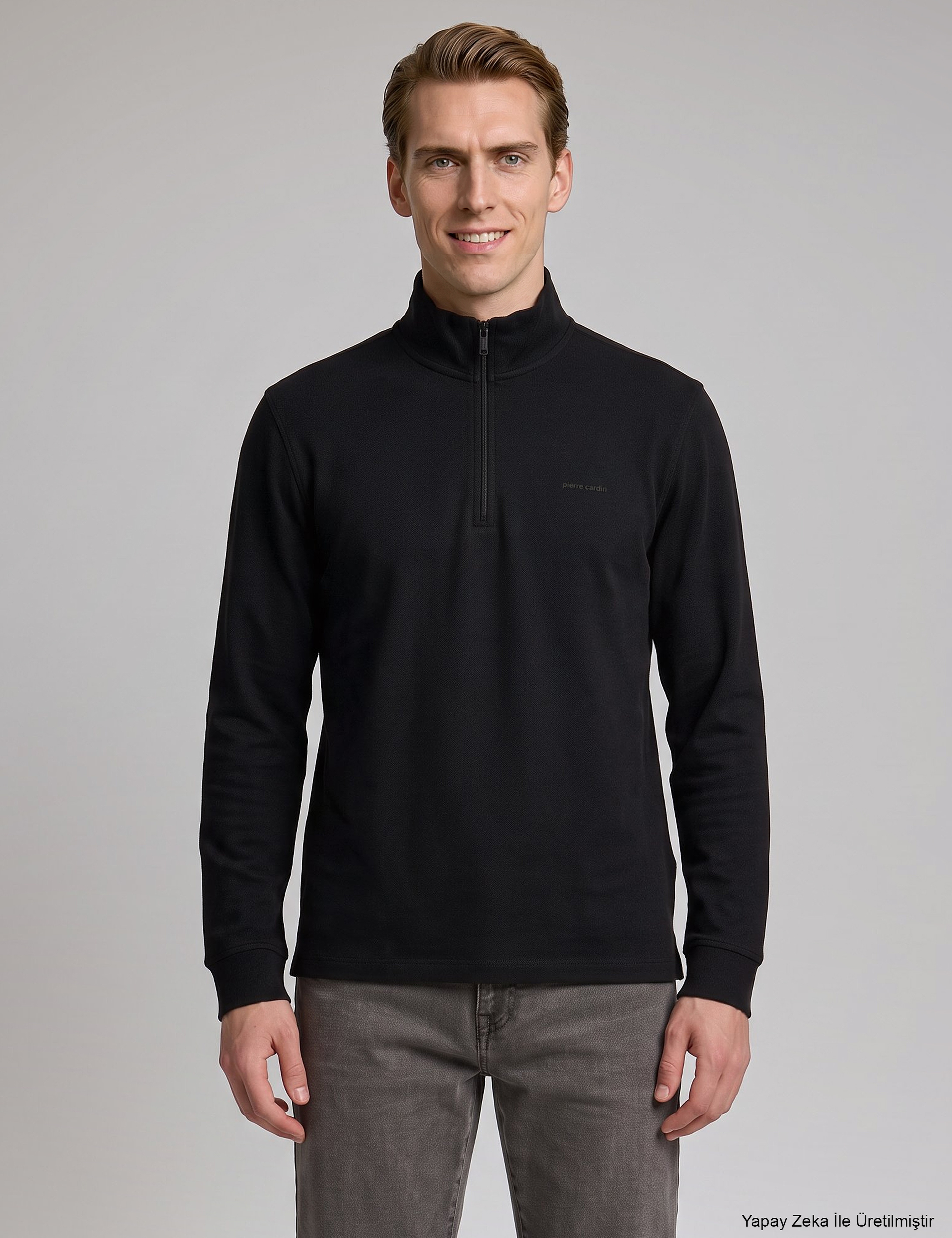 Siyah Regular Fit %100 Pamuk Kıvrılmaz Fermuarlı Polo Yaka Basic Sweatshirt