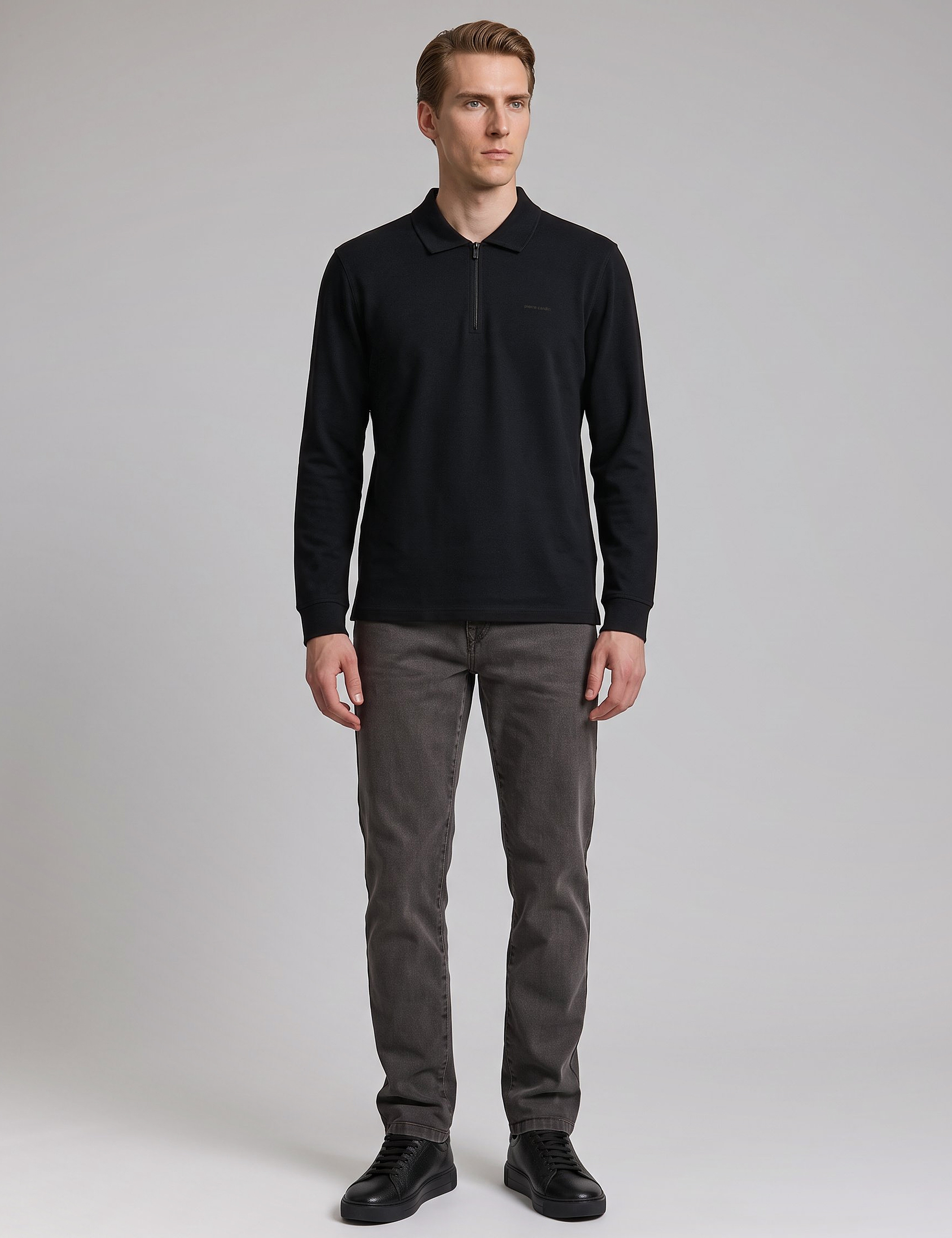 Siyah Regular Fit %100 Pamuk Kıvrılmaz Fermuarlı Polo Yaka Basic Sweatshirt