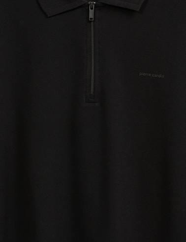 Siyah Regular Fit %100 Pamuk Kıvrılmaz Fermuarlı Polo Yaka Basic Sweatshirt