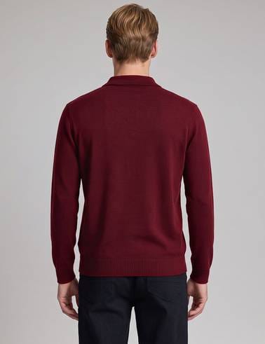 Bordo Slim Fit Fermuarlı Polo Yaka Basic Triko Kazak