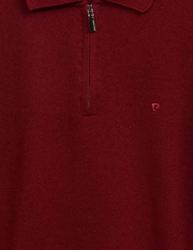 Bordo Slim Fit Fermuarlı Polo Yaka Basic Triko Kazak