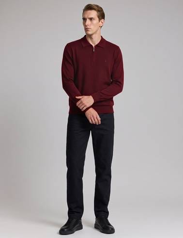 Bordo Slim Fit Fermuarlı Polo Yaka Basic Triko Kazak