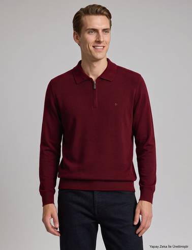 Bordo Slim Fit Fermuarlı Polo Yaka Basic Triko Kazak