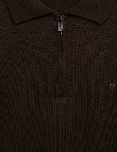 Koyu Kahverengi Slim Fit Fermuarlı Polo Yaka Basic Triko Kazak