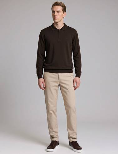 Koyu Kahverengi Slim Fit Fermuarlı Polo Yaka Basic Triko Kazak