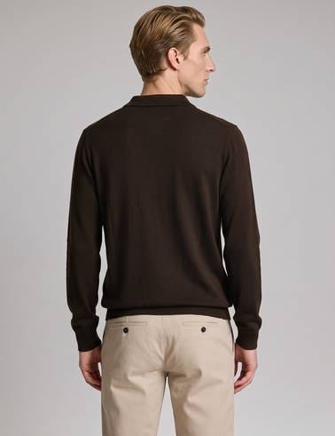 Koyu Kahverengi Slim Fit Fermuarlı Polo Yaka Basic Triko Kazak