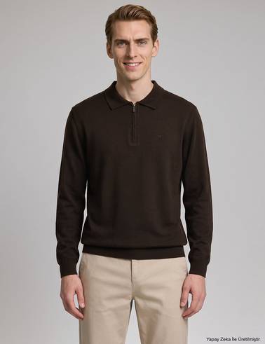 Koyu Kahverengi Slim Fit Fermuarlı Polo Yaka Basic Triko Kazak
