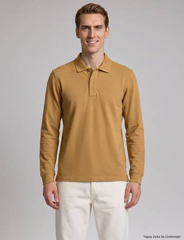 Camel Slim Fit %100 Pamuk Kıvrılmaz Polo Yaka Basic Sweatshirt