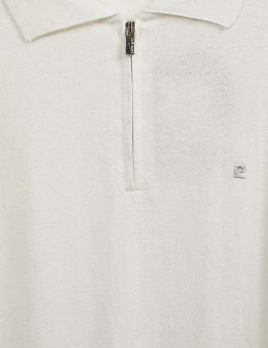 Ekru Slim Fit Fermuarlı Polo Yaka Basic Triko Kazak