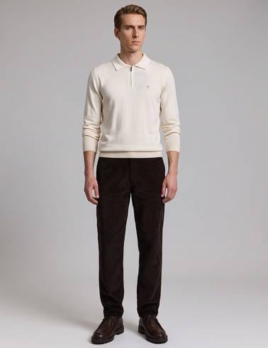 Ekru Slim Fit Fermuarlı Polo Yaka Basic Triko Kazak