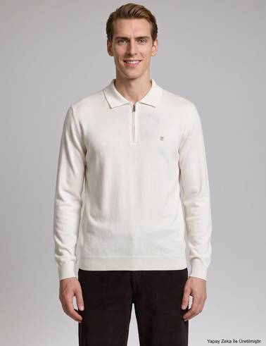 Ekru Slim Fit Fermuarlı Polo Yaka Basic Triko Kazak