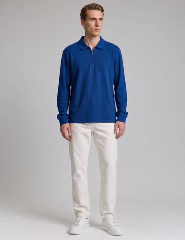 Açık Lacivert Regular Fit %100 Pamuk Kıvrılmaz Fermuarlı Polo Yaka Basic Sweatsh