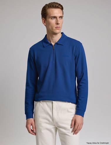 Açık Lacivert Regular Fit %100 Pamuk Kıvrılmaz Fermuarlı Polo Yaka Basic Sweatsh