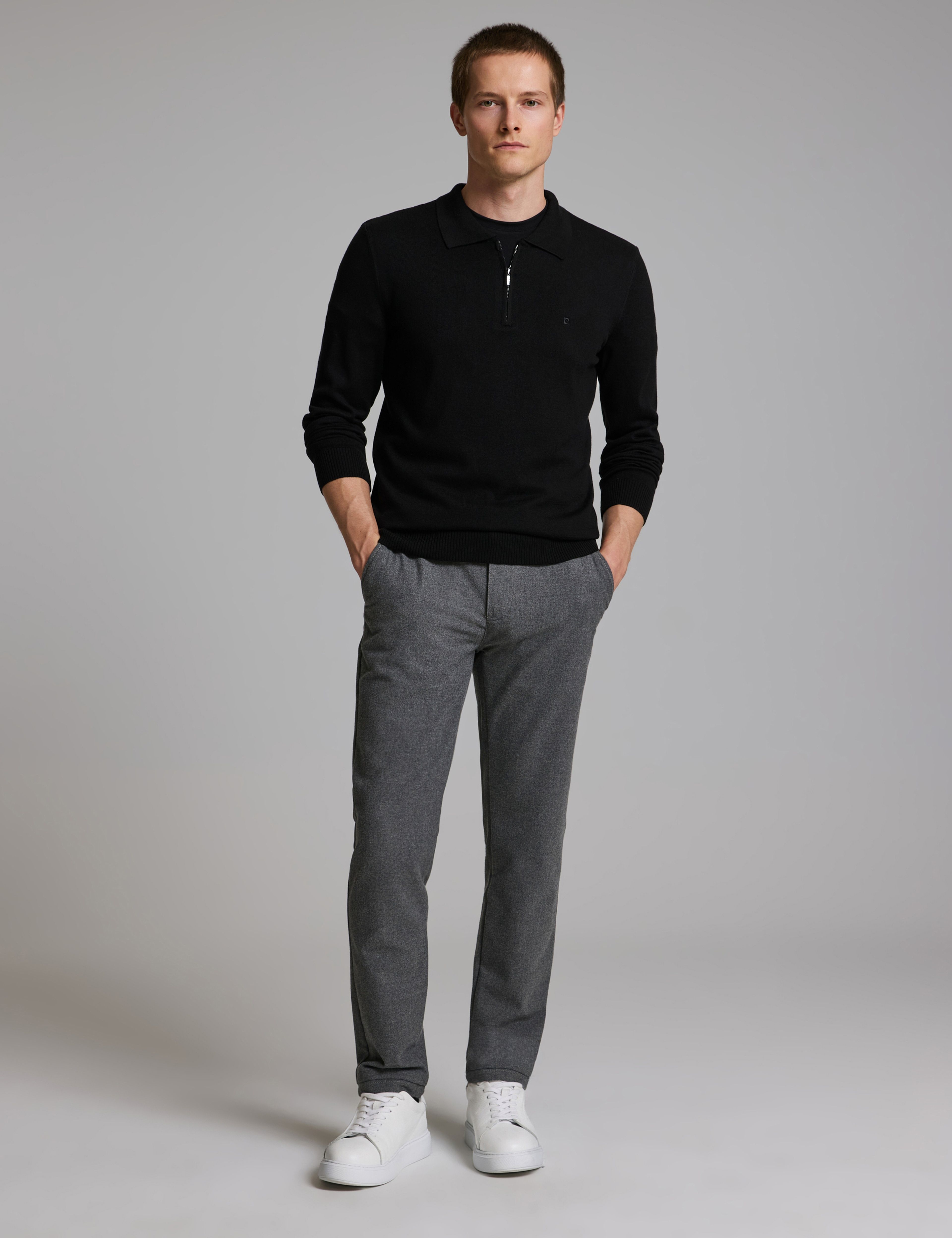 Siyah Slim Fit Fermuarlı Polo Yaka Basic Triko Kazak