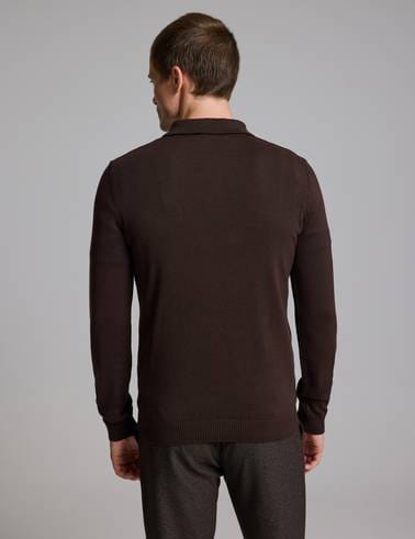 Koyu Kahverengi Slim Fit Düğmeli Polo Yaka Basic Triko Kazak