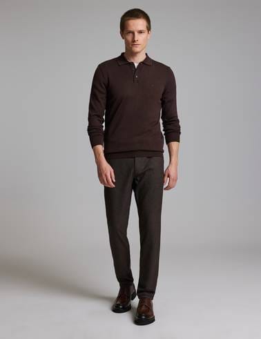 Koyu Kahverengi Slim Fit Düğmeli Polo Yaka Basic Triko Kazak