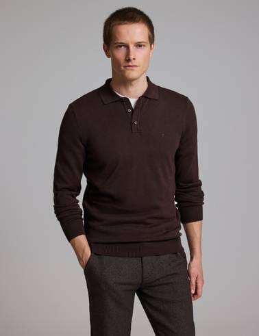 Koyu Kahverengi Slim Fit Düğmeli Polo Yaka Basic Triko Kazak