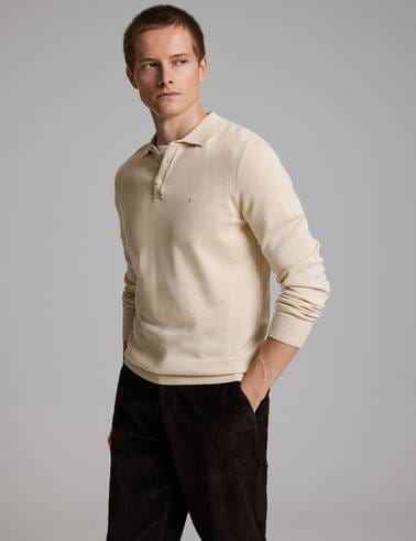 Bej Melanj Slim Fit Düğmeli Polo Yaka Basic Triko Kazak