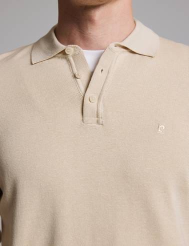 Bej Melanj Slim Fit Düğmeli Polo Yaka Basic Triko Kazak
