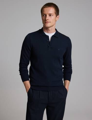 Lacivert Slim Fit Düğmeli Polo Yaka Basic Triko Kazak