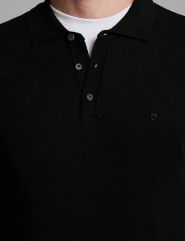 Siyah Slim Fit Düğmeli Polo Yaka Basic Triko Kazak